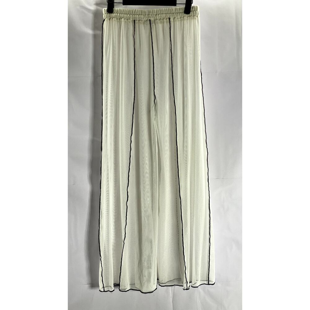 MOSSKAH Women's White Cream/Black Drawstring Striped Mesh Pant Cover Up SZ S - Picture 2 of 9